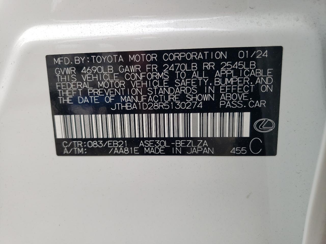 2024 Lexus Is 300 VIN: JTHBA1D28R5130274 Lot: 55367174