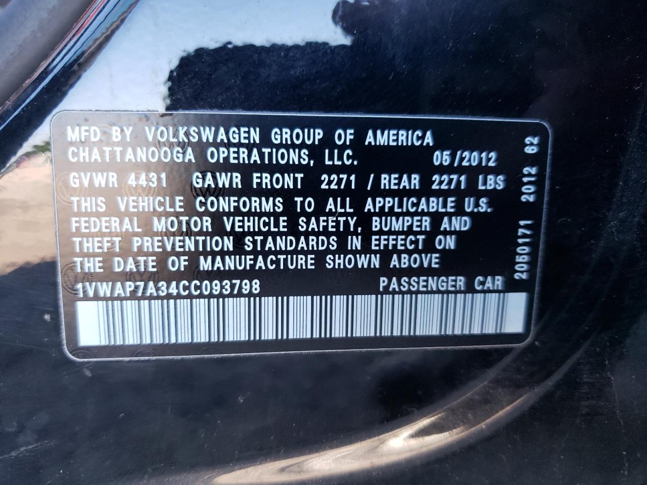 2012 Volkswagen Passat S VIN: 1VWAP7A34CC093798 Lot: 56517354