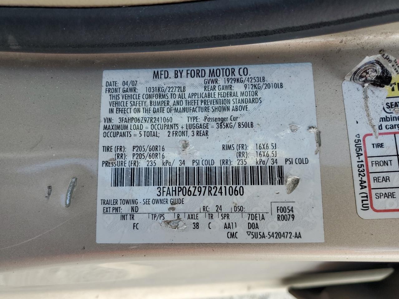 2007 Ford Fusion S VIN: 3FAHP06Z97R241060 Lot: 57307204