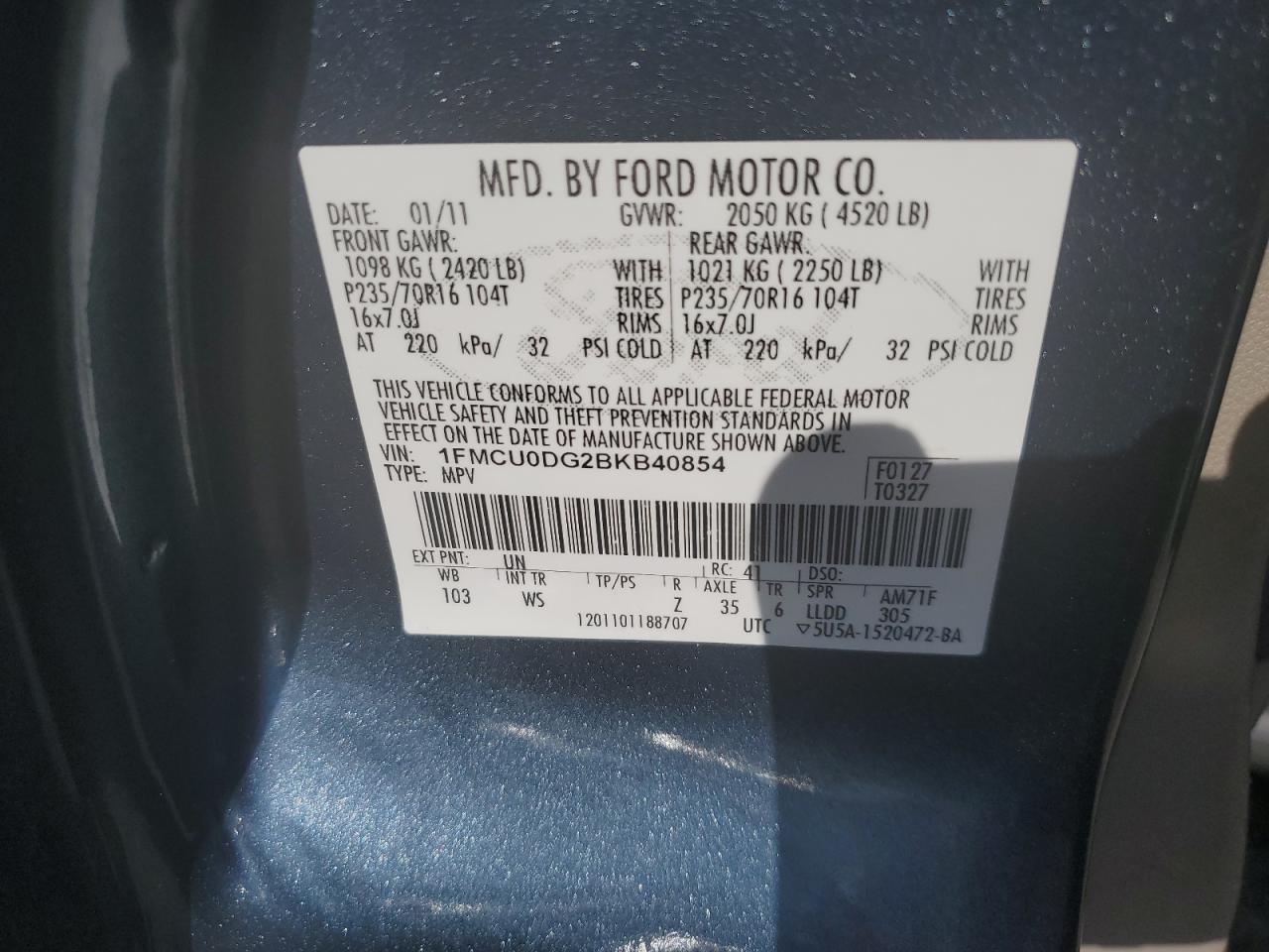 2011 Ford Escape Xlt VIN: 1FMCU0DG2BKB40854 Lot: 55043544