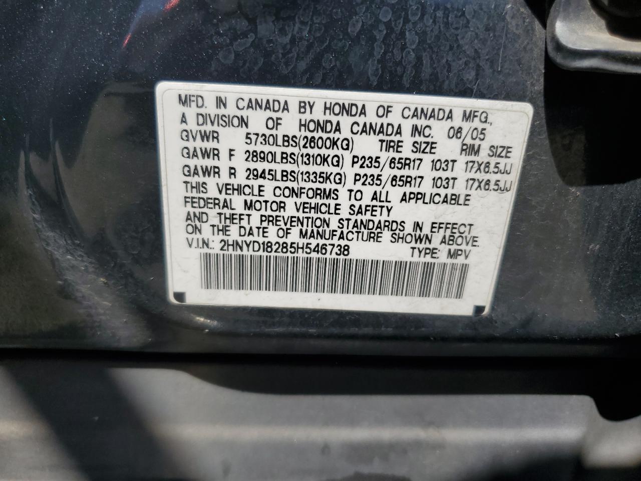 2005 Acura Mdx VIN: 2HNYD18285H546738 Lot: 57122334