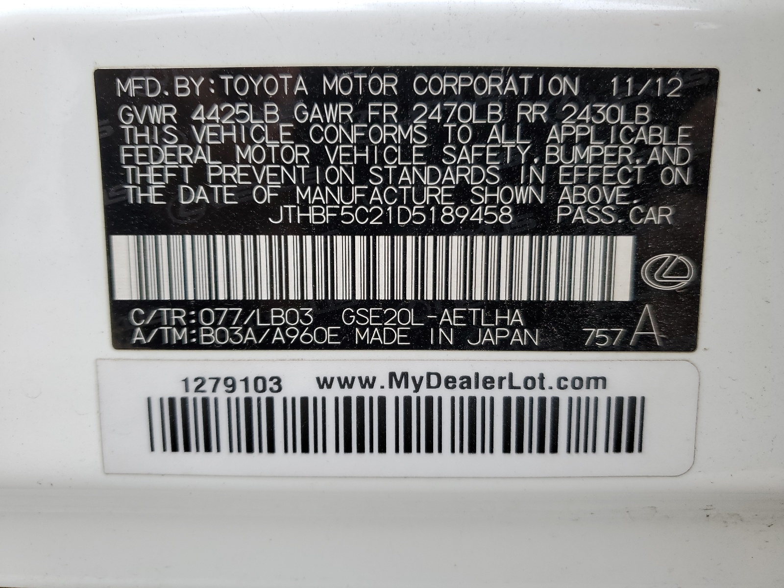 JTHBF5C21D5189458 2013 Lexus Is 250