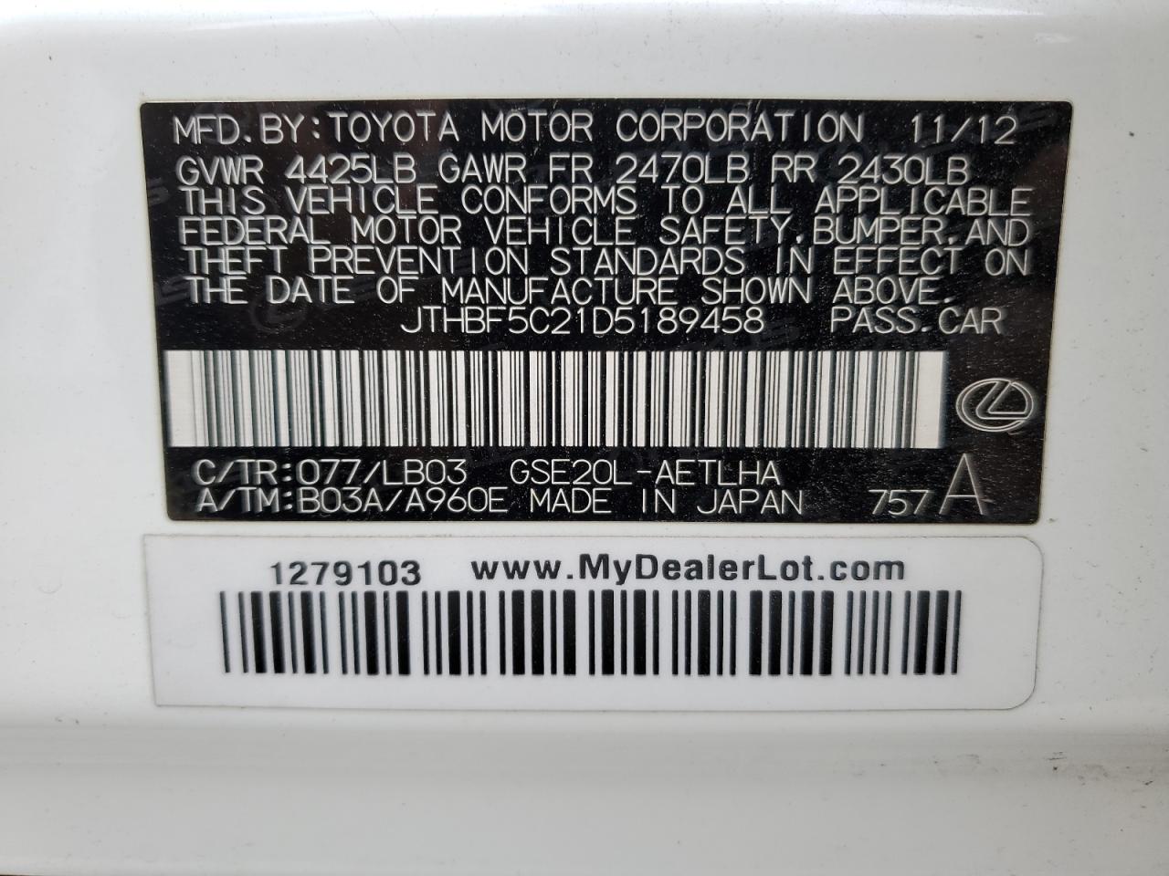 2013 Lexus Is 250 VIN: JTHBF5C21D5189458 Lot: 54086194