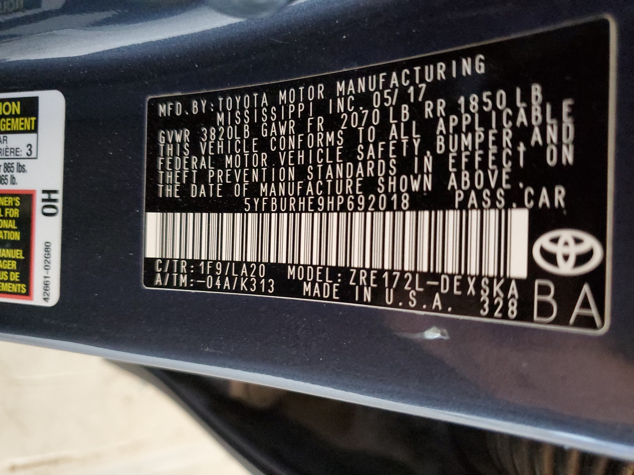 5YFBURHE9HP692018 2017 Toyota Corolla L