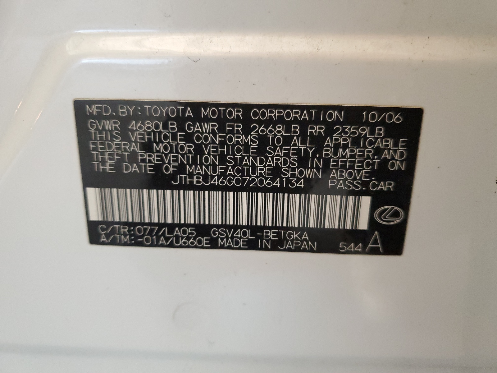 JTHBJ46G072064134 2007 Lexus Es 350