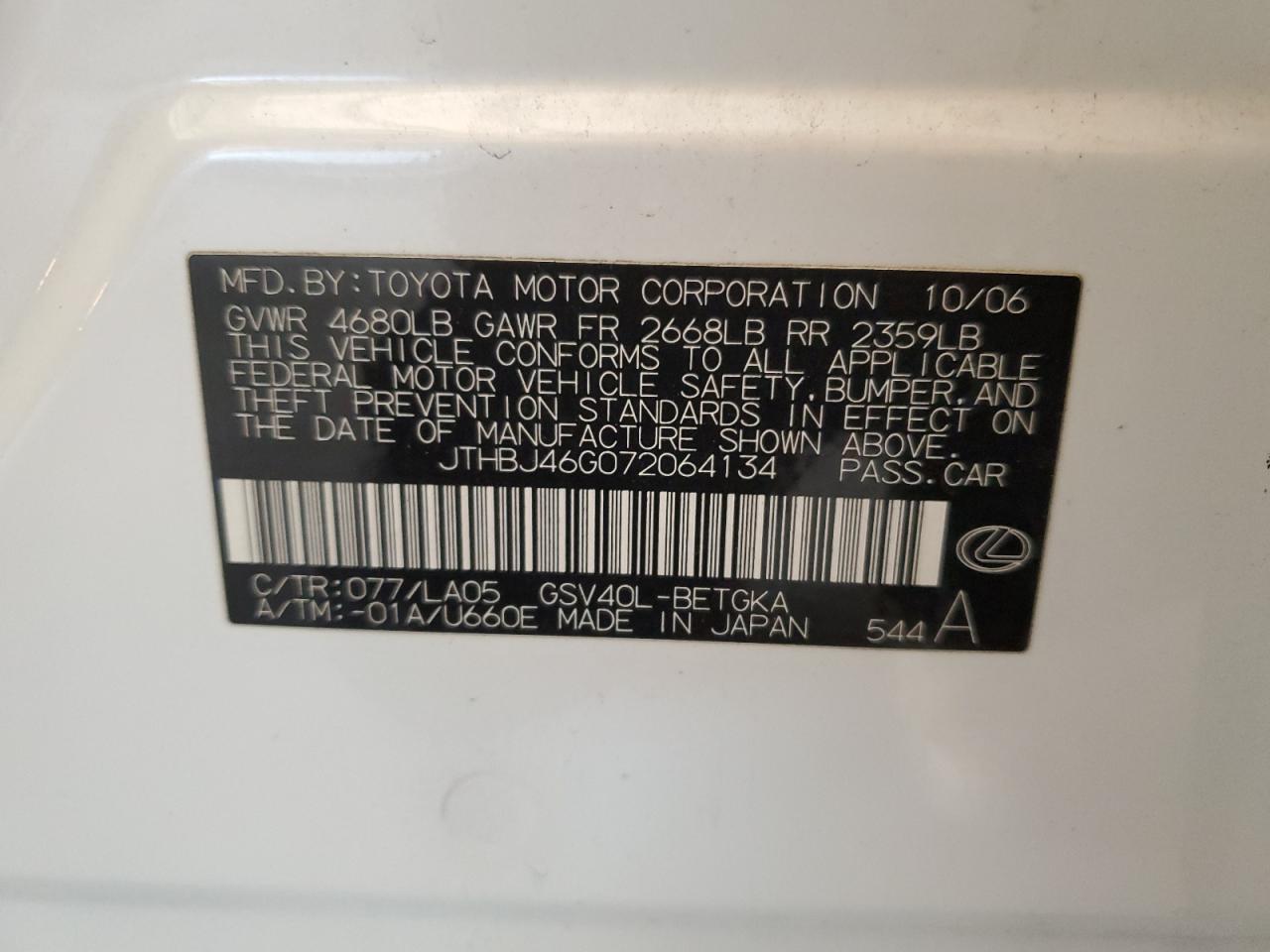 2007 Lexus Es 350 VIN: JTHBJ46G072064134 Lot: 56527534