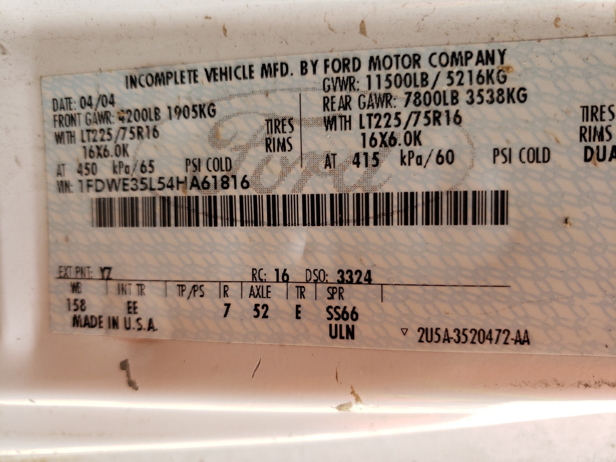 1FDWE35L54HA61816 2004 Ford Econoline E350 Super Duty Cutaway Van