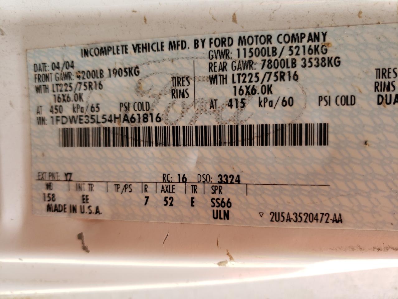 2004 Ford Econoline E350 Super Duty Cutaway Van VIN: 1FDWE35L54HA61816 Lot: 51448964