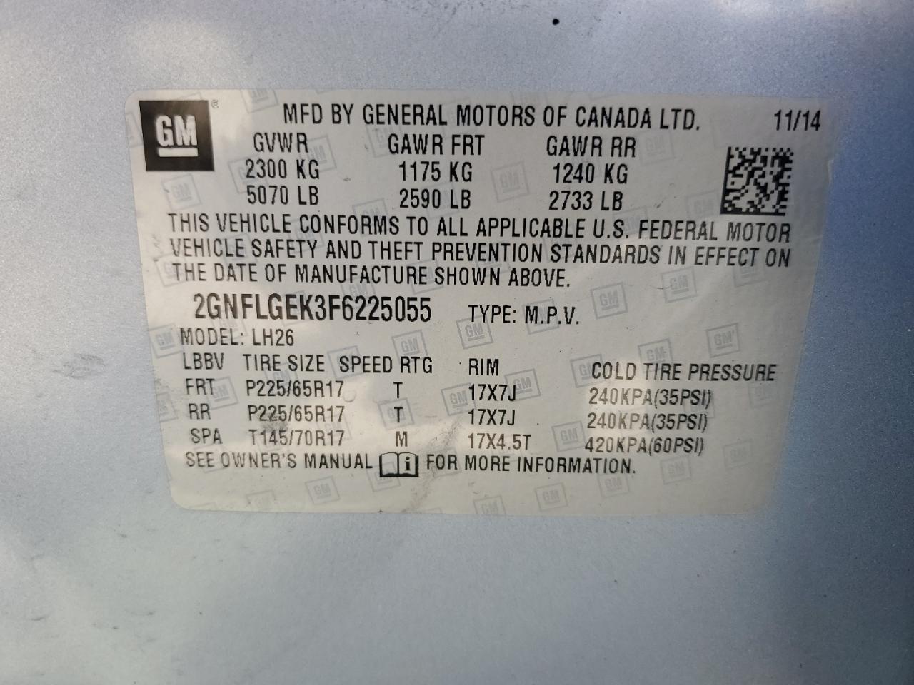 2015 Chevrolet Equinox Lt VIN: 2GNFLGEK3F6225055 Lot: 55479594