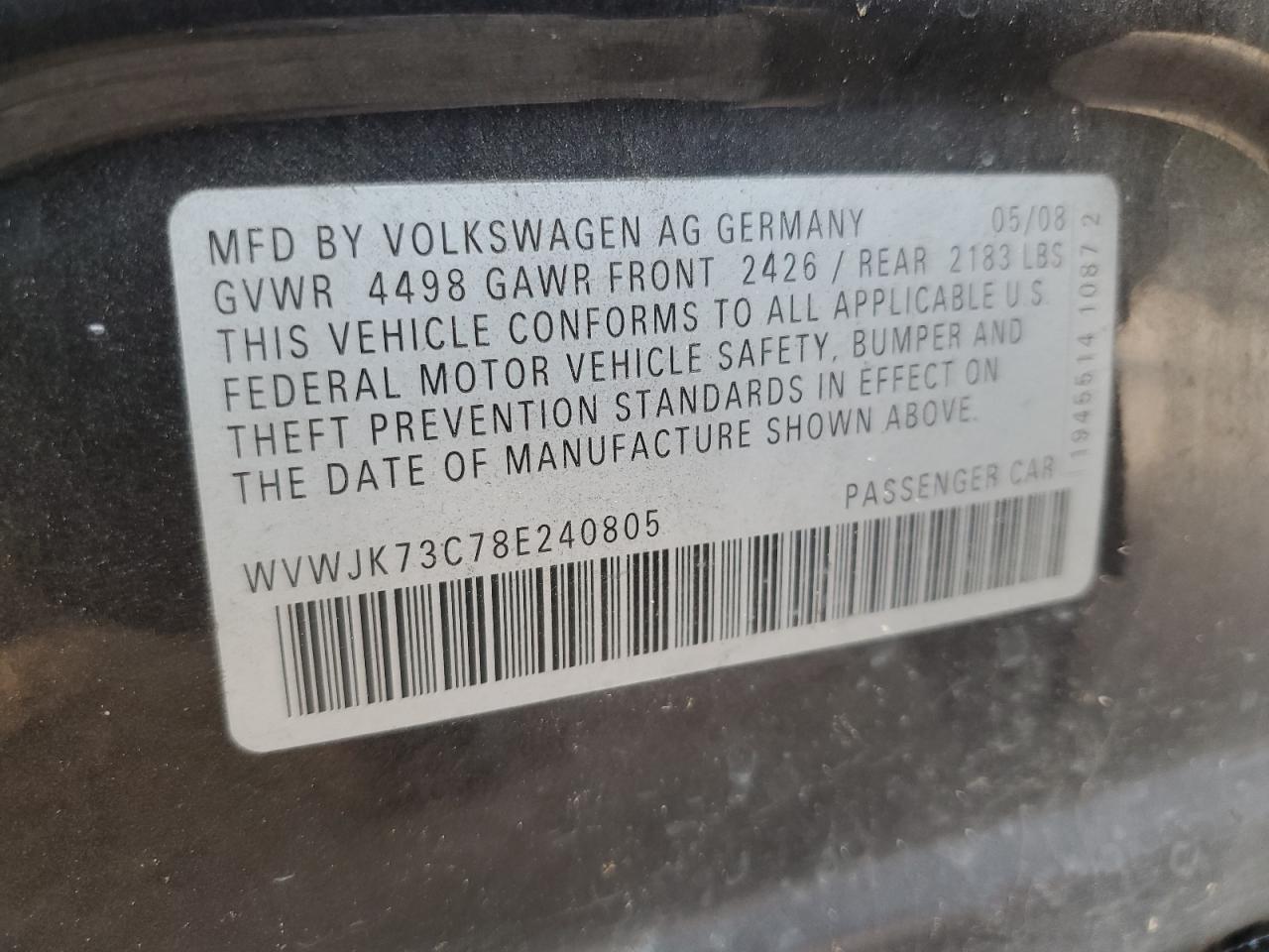 WVWJK73C78E240805 2008 Volkswagen Passat Turbo