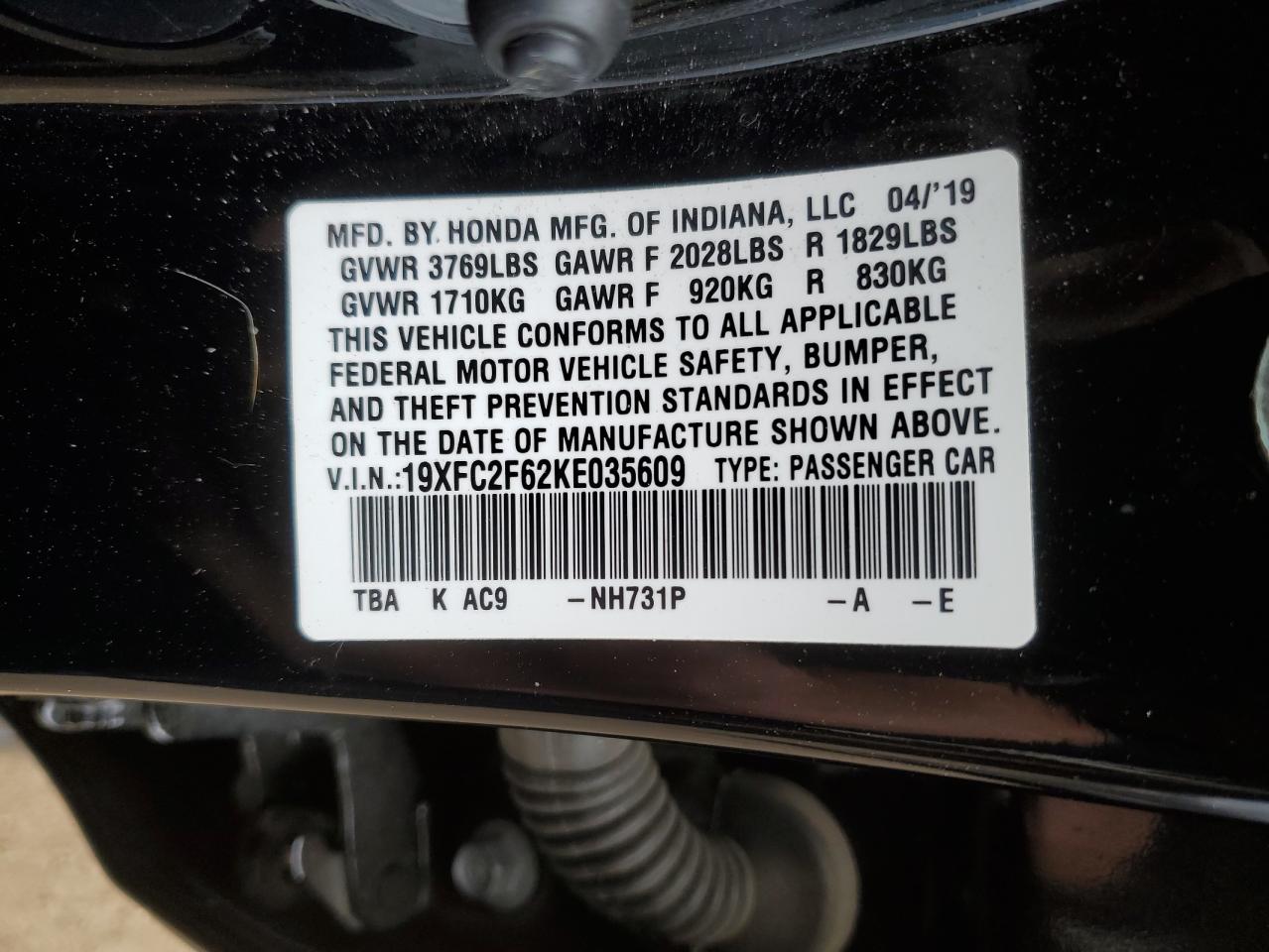 2019 Honda Civic Lx VIN: 19XFC2F62KE035609 Lot: 54649634