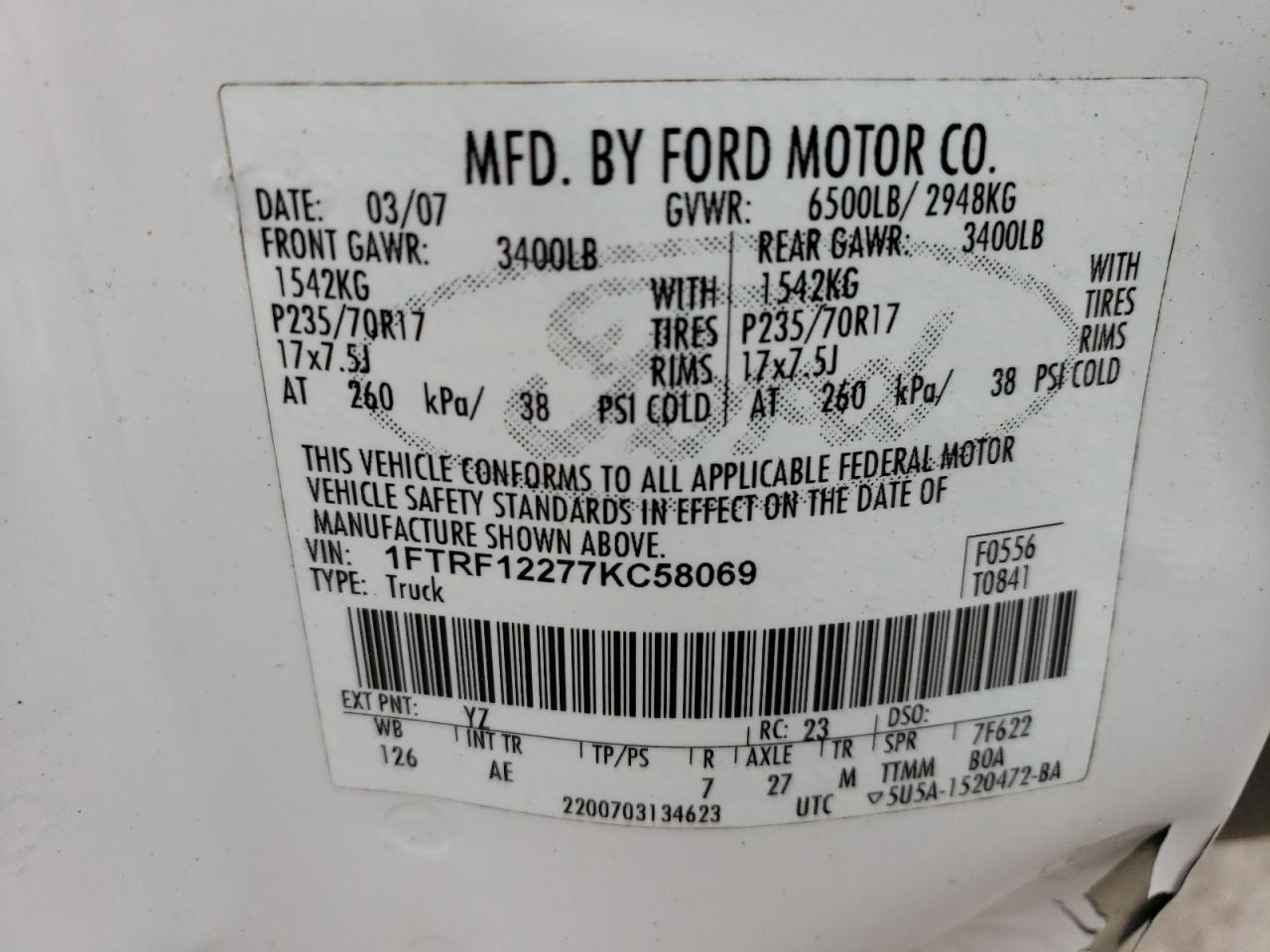 2007 Ford F150 VIN: 1FTRF12277KC58069 Lot: 53540514