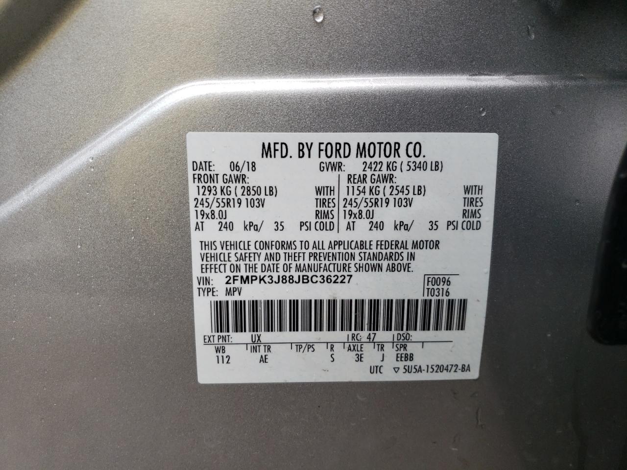 2018 Ford Edge Sel VIN: 2FMPK3J88JBC36227 Lot: 54778294