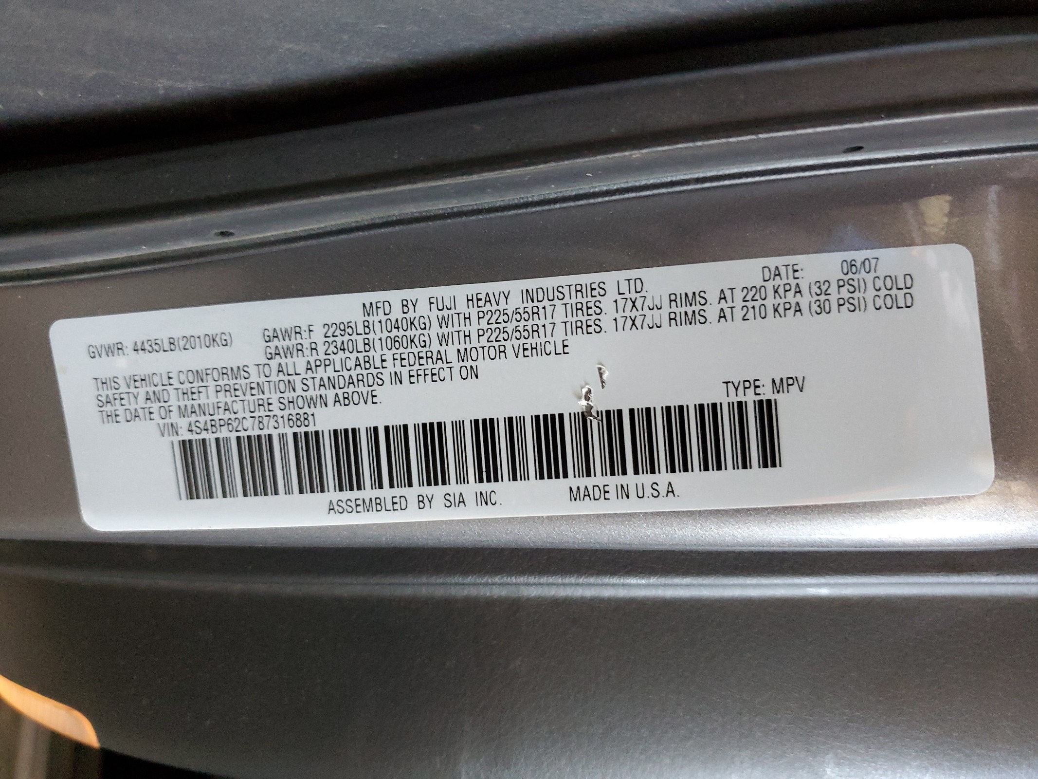 4S4BP62C787316881 2008 Subaru Outback 2.5I Limited