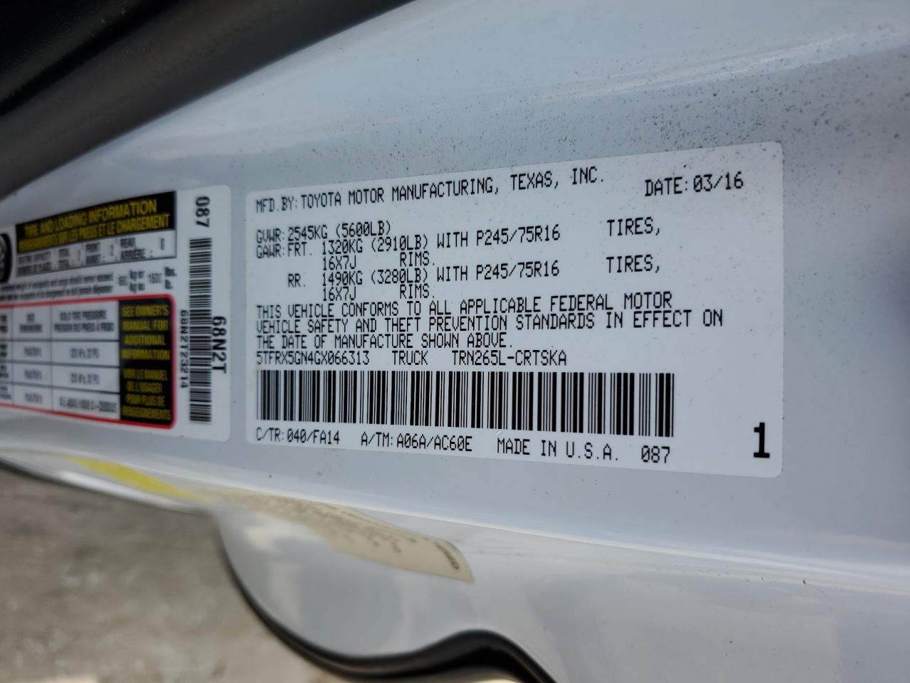 2016 Toyota Tacoma Access Cab VIN: 5TFRX5GN4GX066313 Lot: 55762974