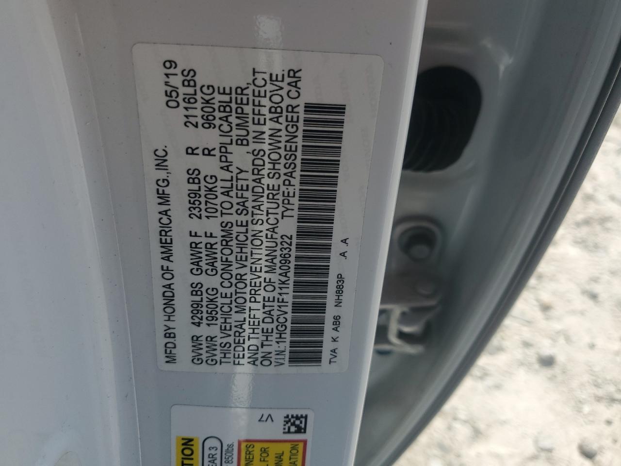 1HGCV1F11KA096322 2019 Honda Accord Lx