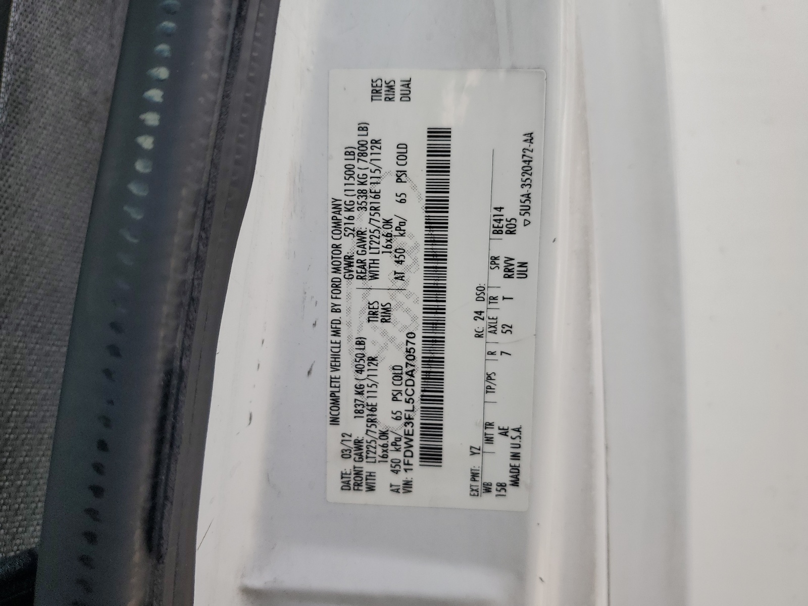 1FDWE3FL5CDA70570 2012 Ford Econoline E350 Super Duty Cutaway Van