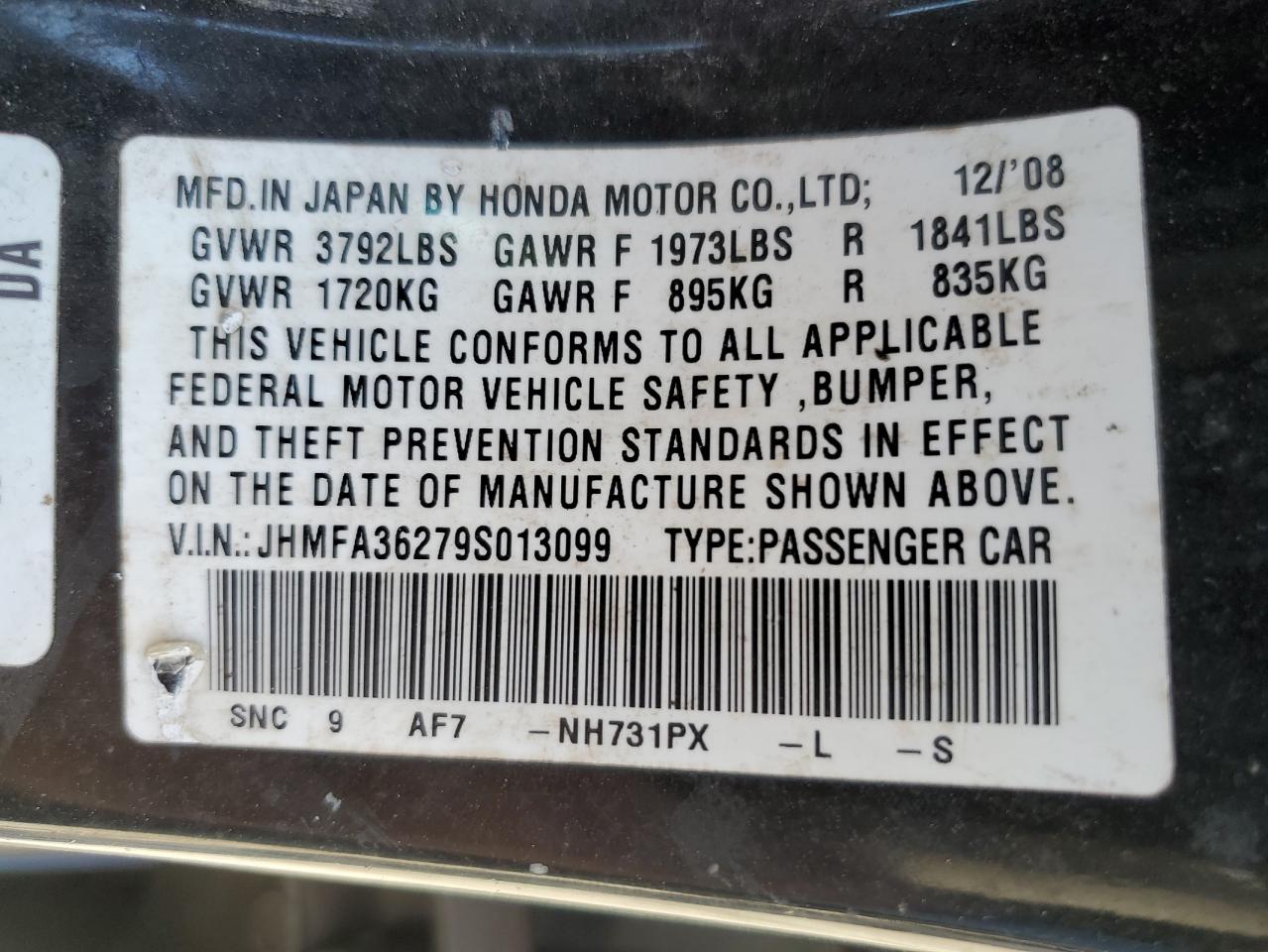 2009 Honda Civic Hybrid VIN: JHMFA36279S013099 Lot: 57410074