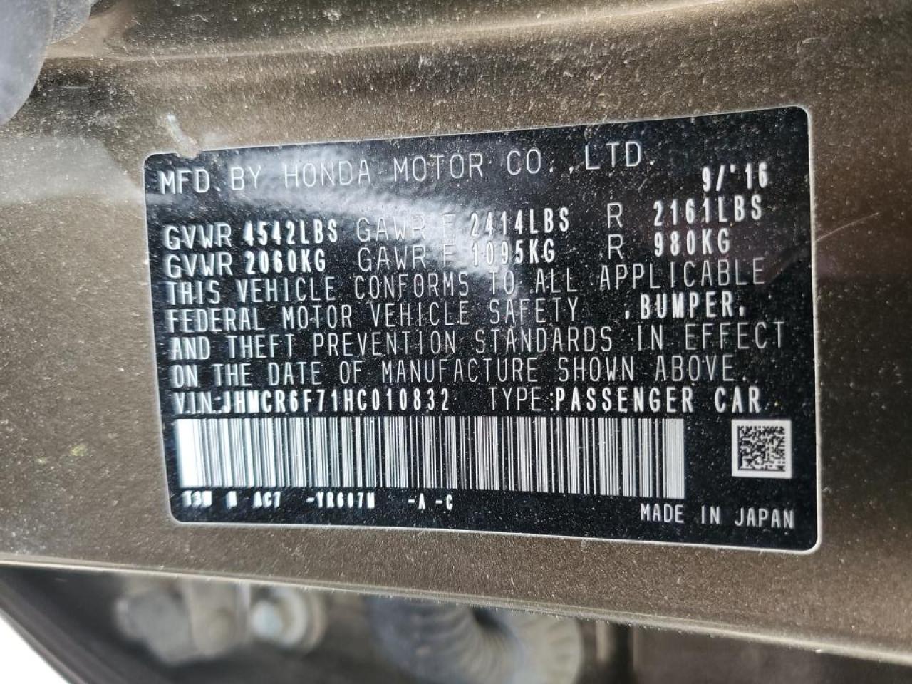 JHMCR6F71HC010832 2017 Honda Accord Touring Hybrid