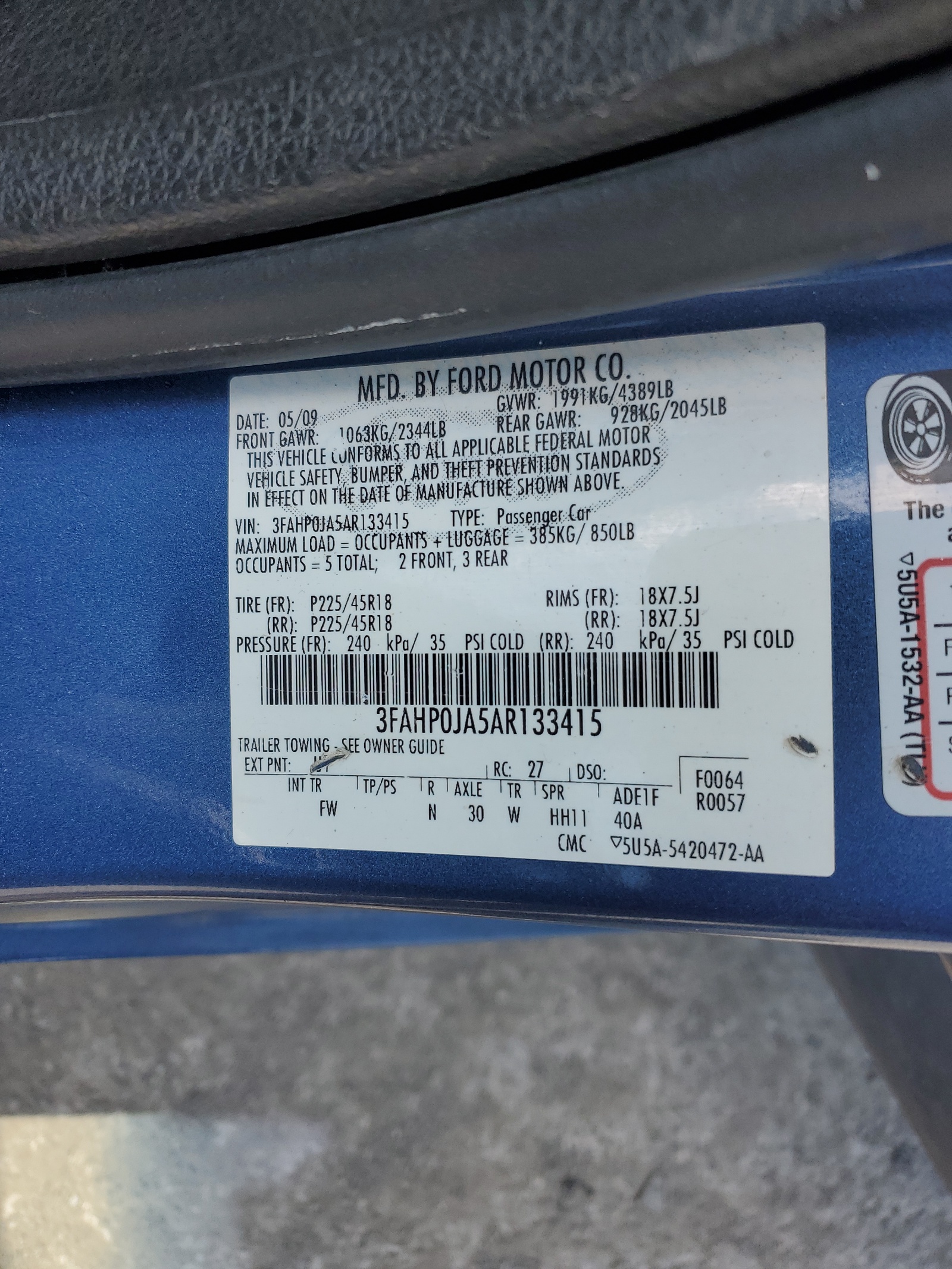 3FAHP0JA5AR133415 2010 Ford Fusion Sel