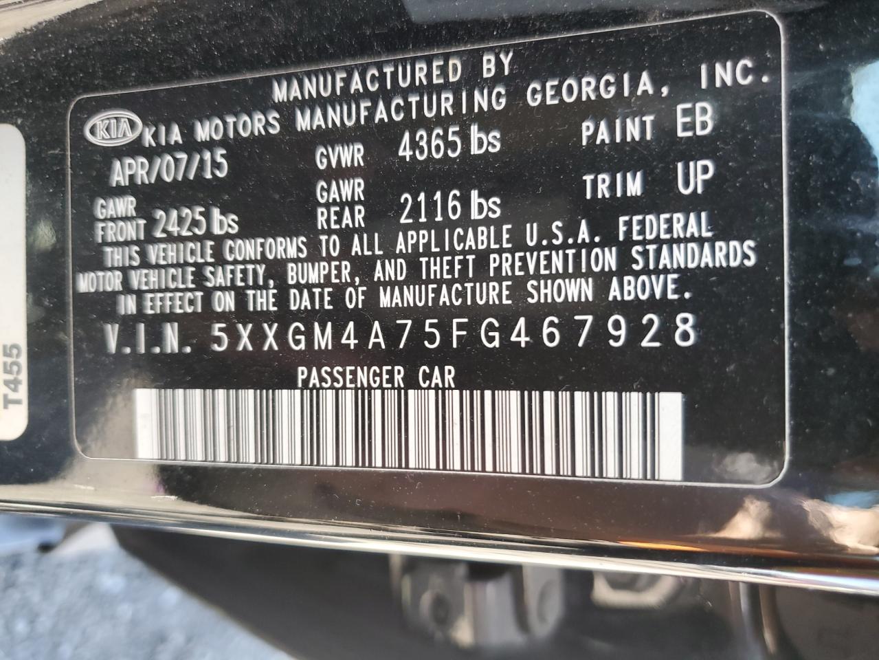 5XXGM4A75FG467928 2015 Kia Optima Lx