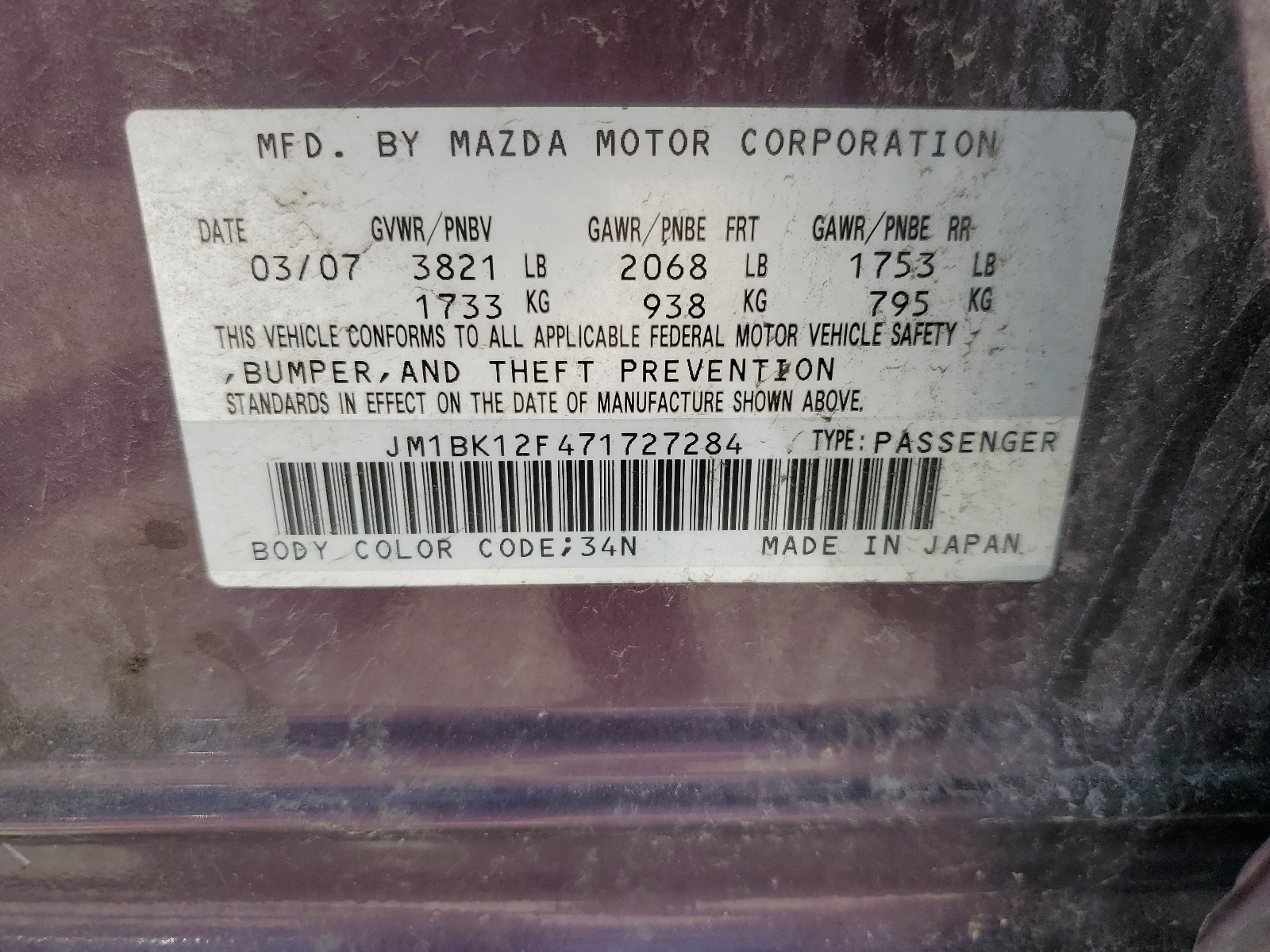 JM1BK12F471727284 2007 Mazda 3 I