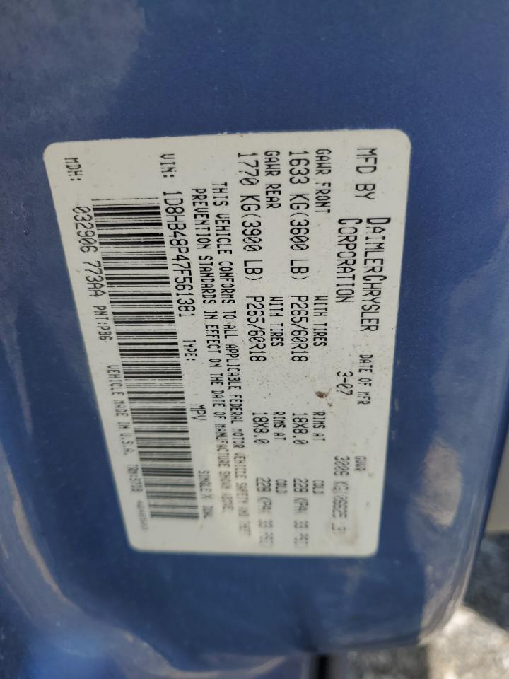 2007 Dodge Durango Slt VIN: 1D8HB48P47F561381 Lot: 56800354