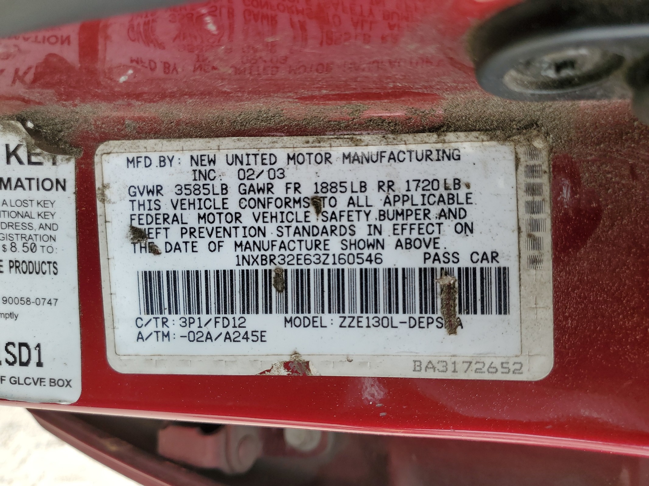 1NXBR32E63Z160546 2003 Toyota Corolla Ce