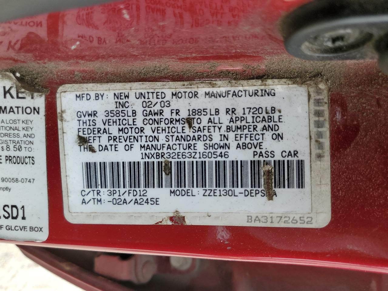 2003 Toyota Corolla Ce VIN: 1NXBR32E63Z160546 Lot: 54554744