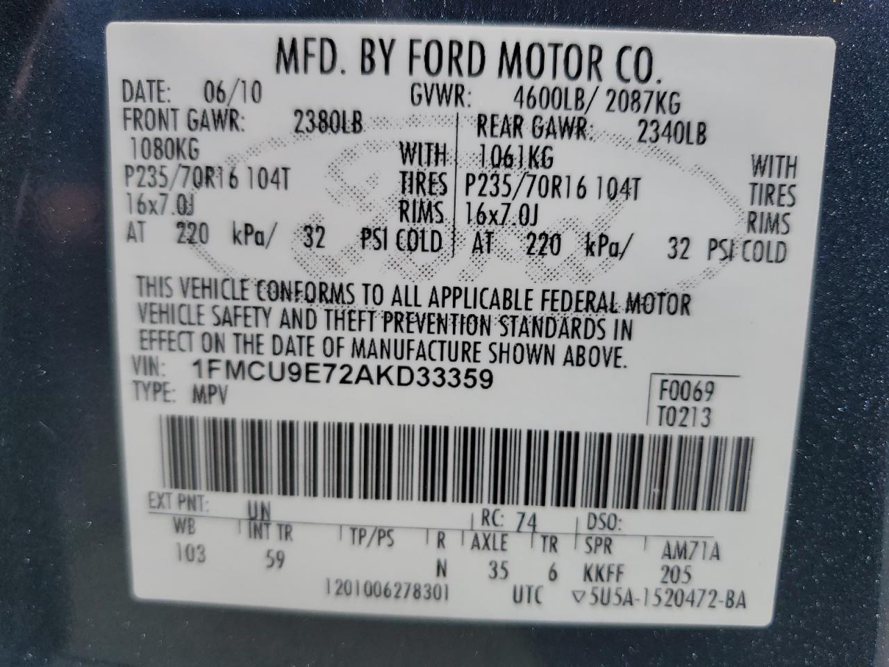 1FMCU9E72AKD33359 2010 Ford Escape Limited