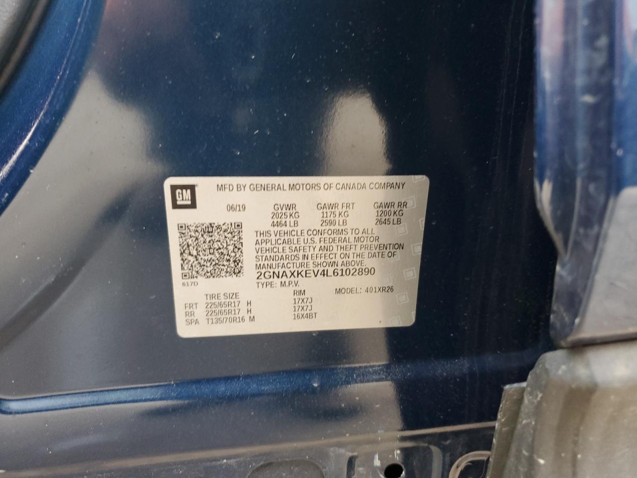 2020 Chevrolet Equinox Lt VIN: 2GNAXKEV4L6102890 Lot: 55019944