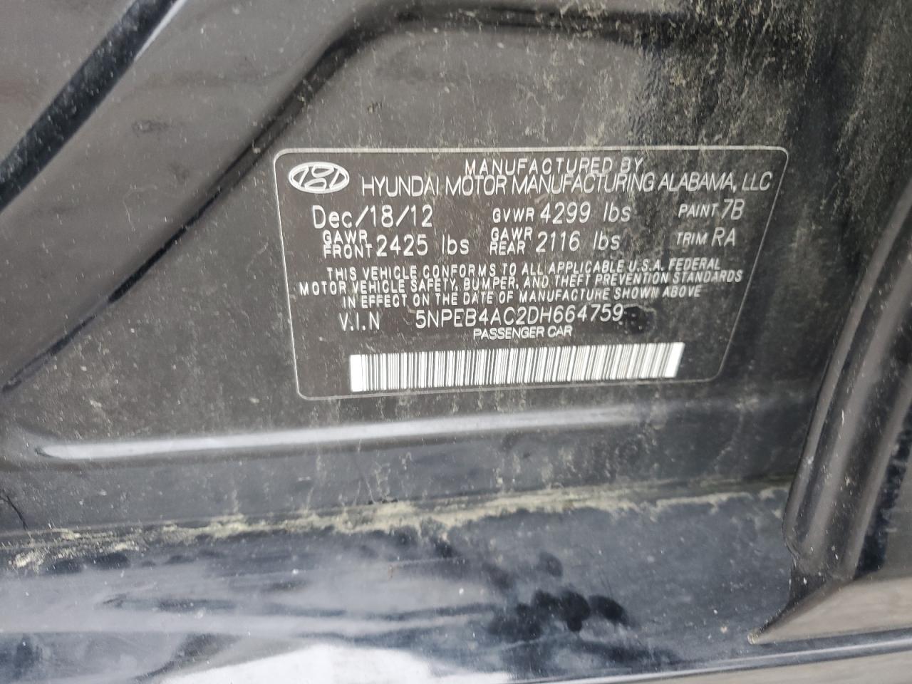 2013 Hyundai Sonata Gls VIN: 5NPEB4AC2DH664759 Lot: 55269334