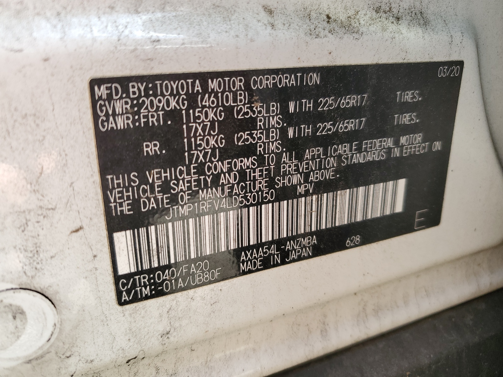 JTMP1RFV4LD530150 2020 Toyota Rav4 Xle