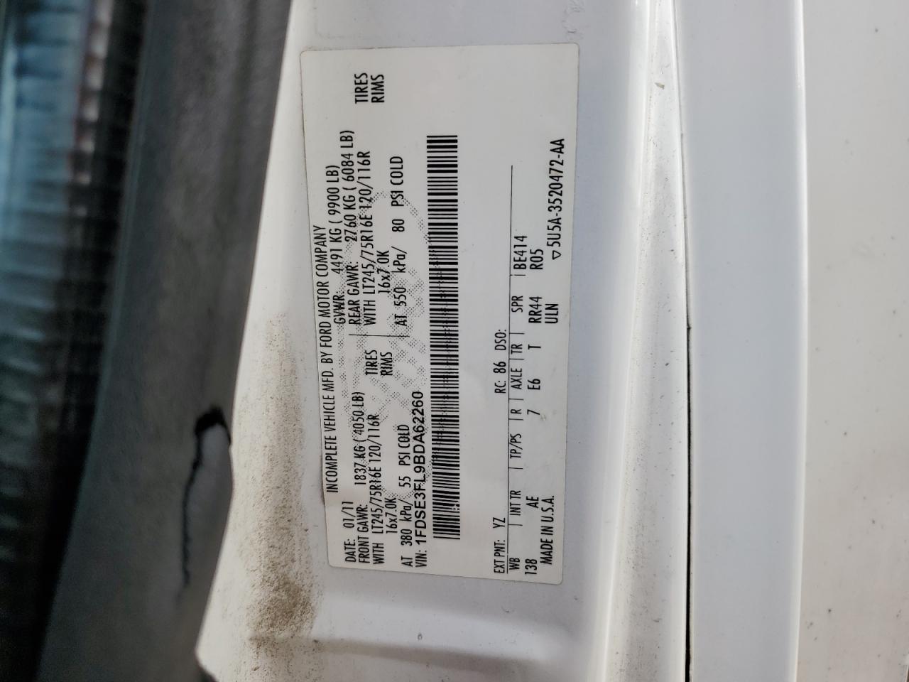 2011 Ford Econoline E350 Super Duty Cutaway Van VIN: 1FDSE3FL9BDA62260 Lot: 53578434