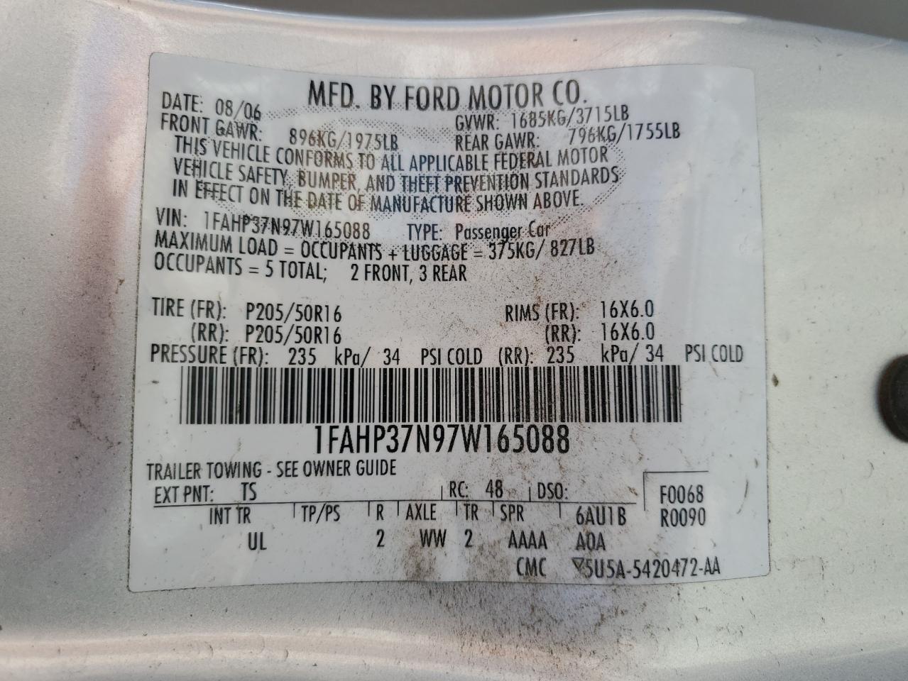 1FAHP37N97W165088 2007 Ford Focus Zx5