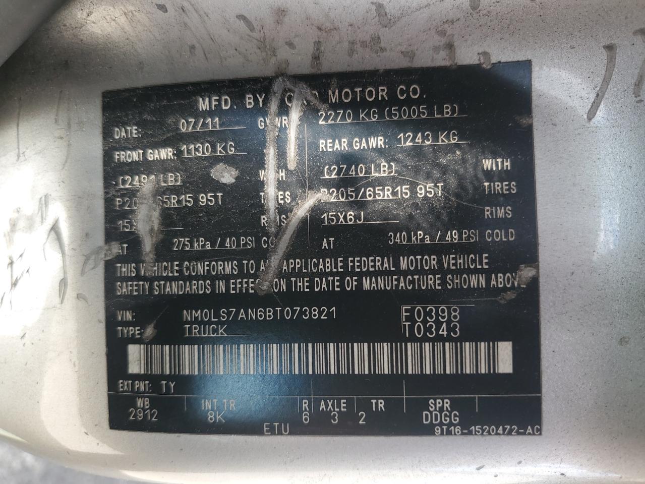 2011 Ford Transit Connect Xl VIN: NM0LS7AN6BT073821 Lot: 56709794