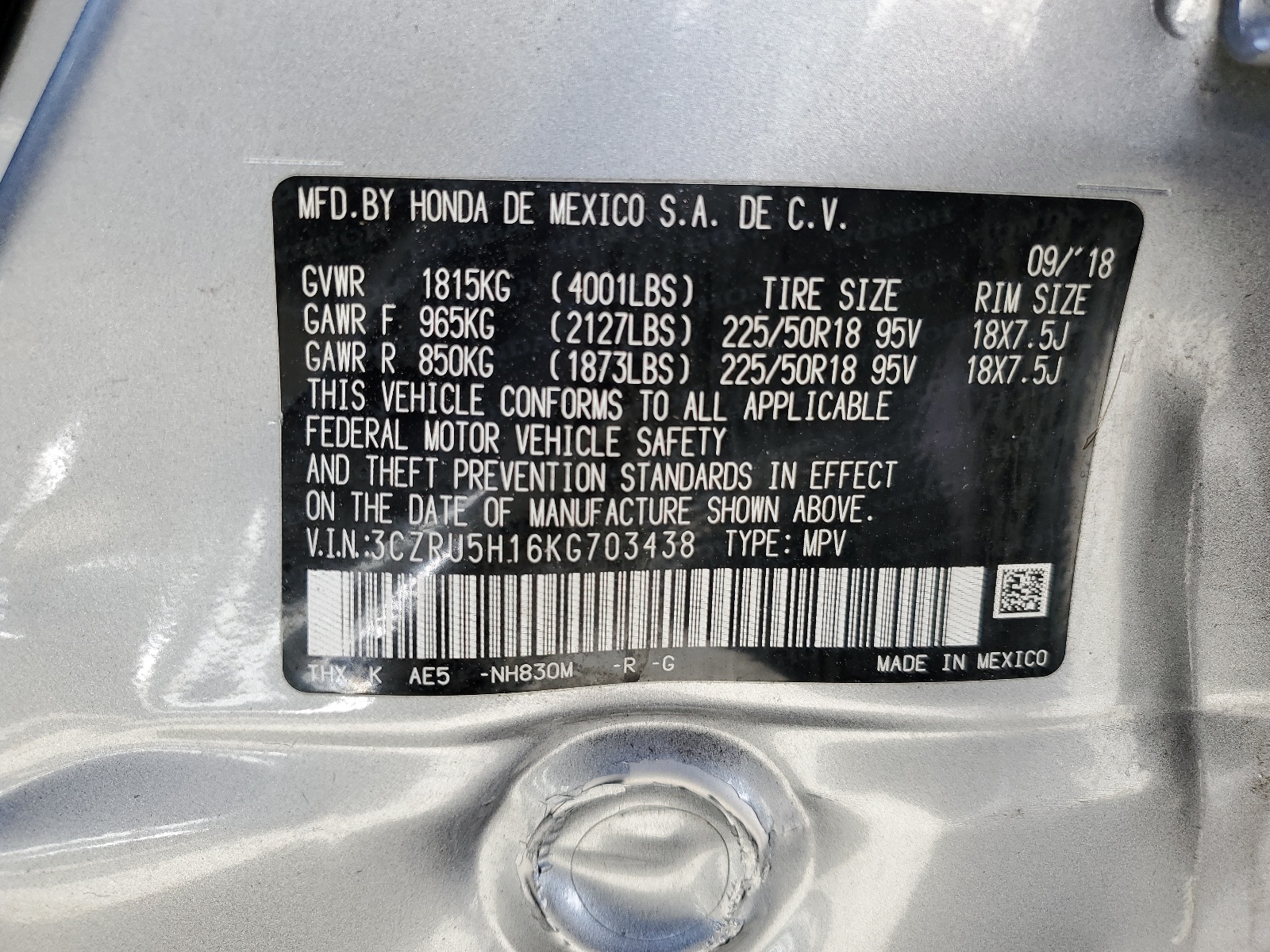 3CZRU5H16KG703438 2019 Honda Hr-V Sport