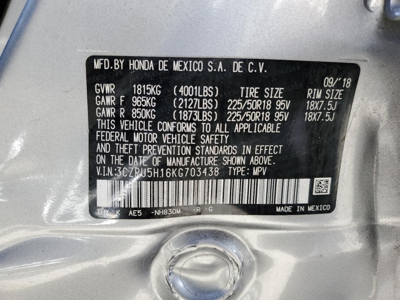 2019 Honda Hr-V Sport VIN: 3CZRU5H16KG703438 Lot: 56167014