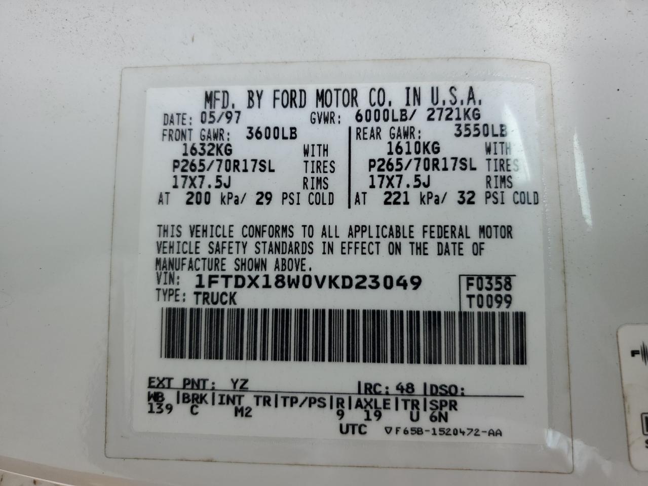 1997 Ford F150 VIN: 1FTDX18W0VKD23049 Lot: 56344274