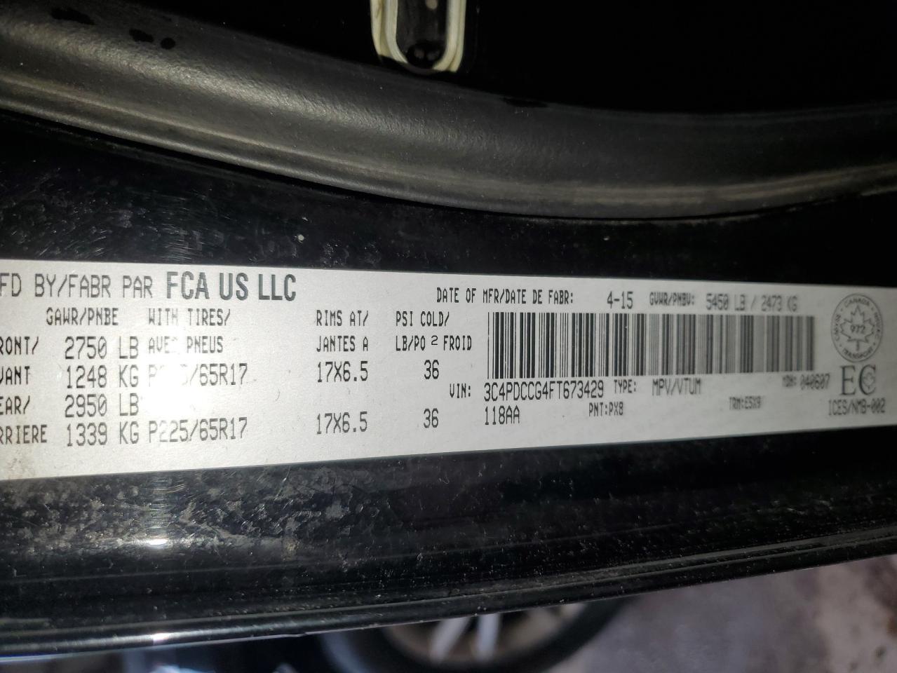 2015 Dodge Journey Sxt VIN: 3C4PDCCG4FT673429 Lot: 55260054