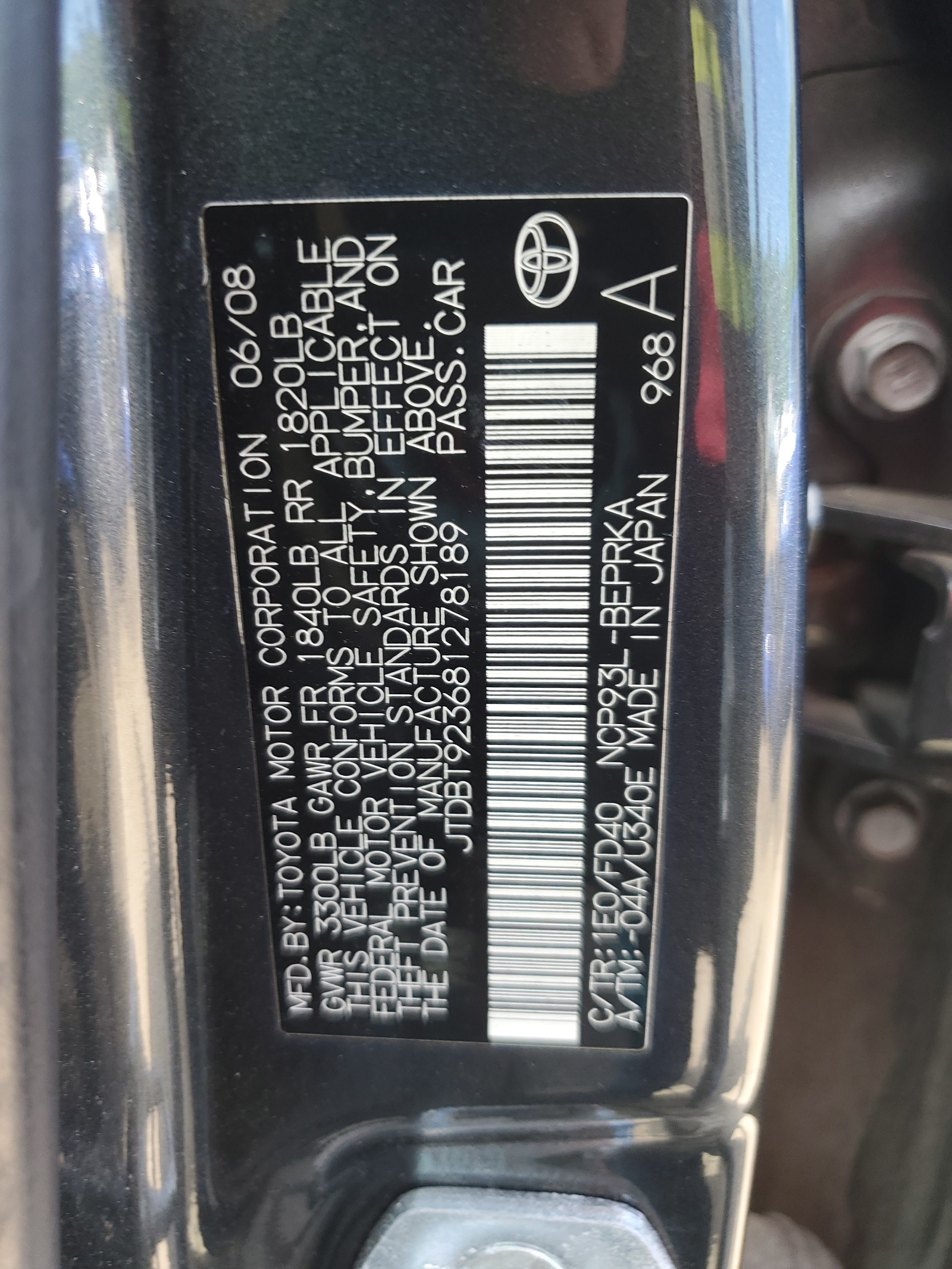 JTDBT923681278189 2008 Toyota Yaris