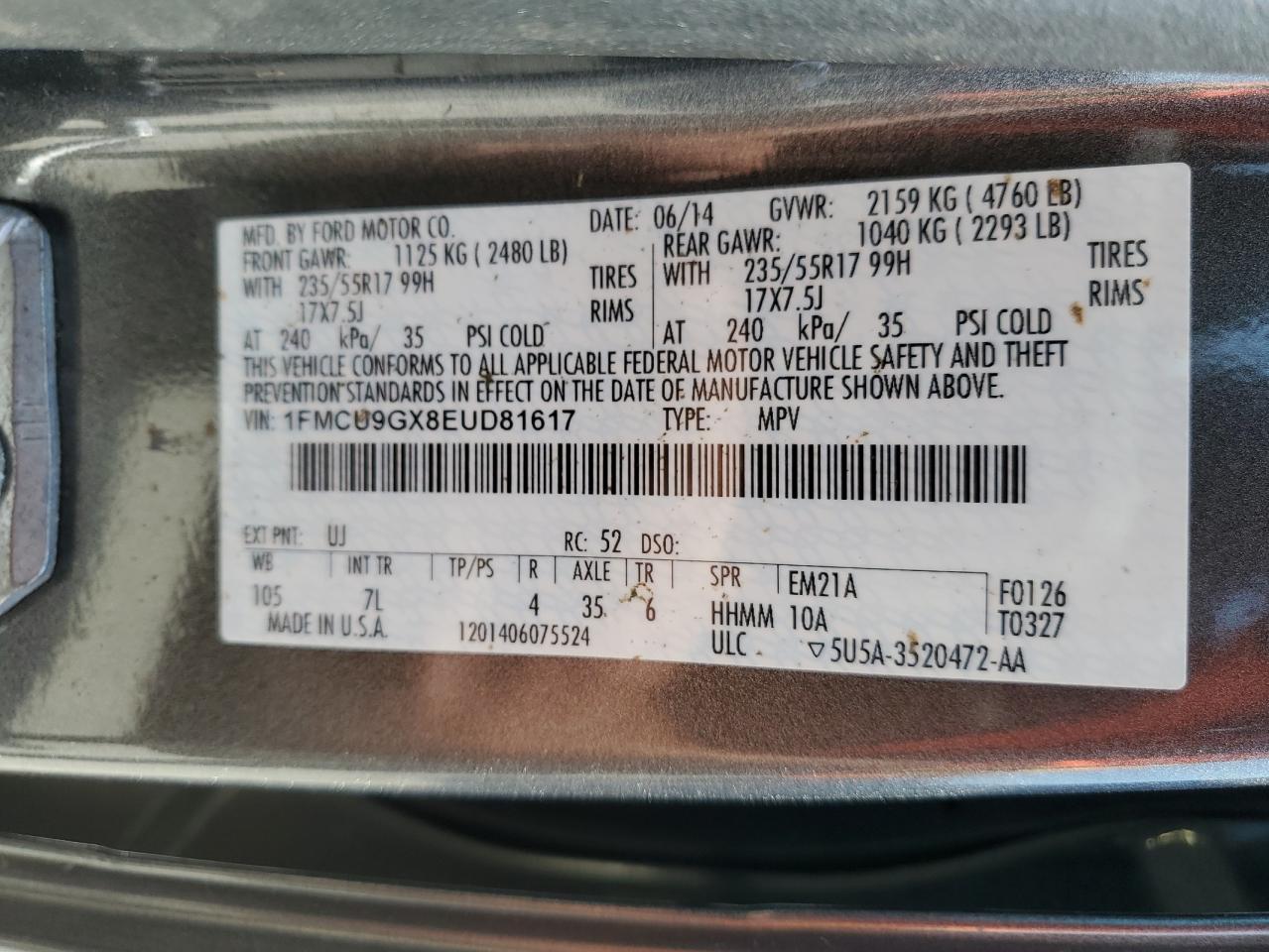 2014 Ford Escape Se VIN: 1FMCU9GX8EUD81617 Lot: 54711424