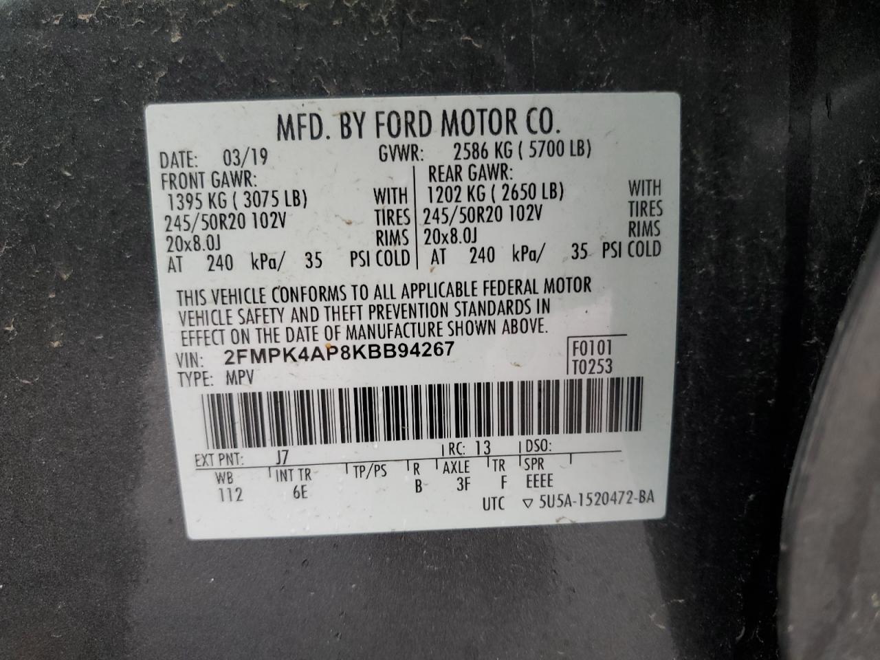 2019 Ford Edge St VIN: 2FMPK4AP8KBB94267 Lot: 54804224