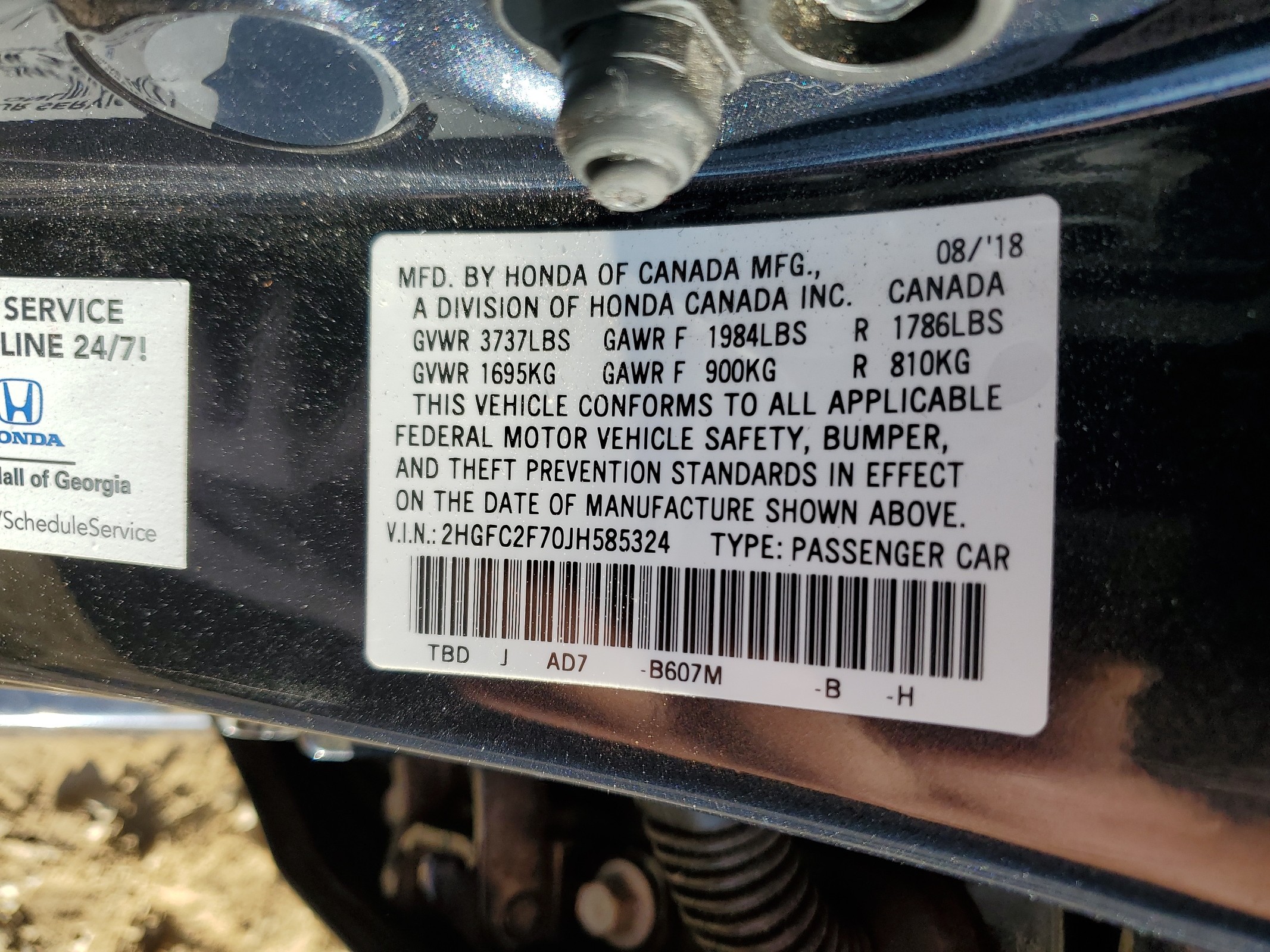 2HGFC2F70JH585324 2018 Honda Civic Ex