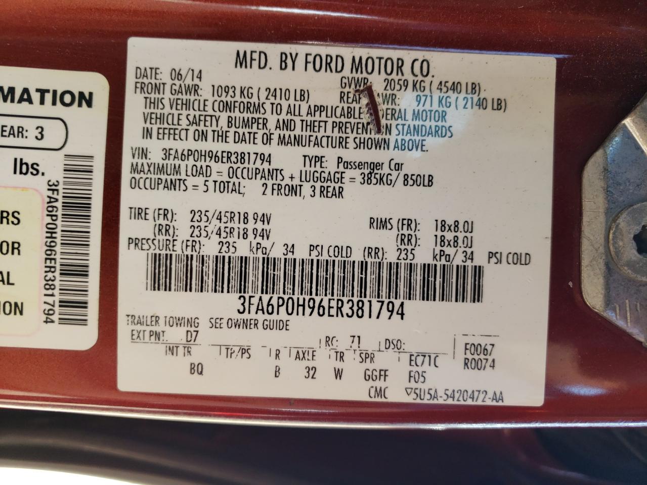 3FA6P0H96ER381794 2014 Ford Fusion Se