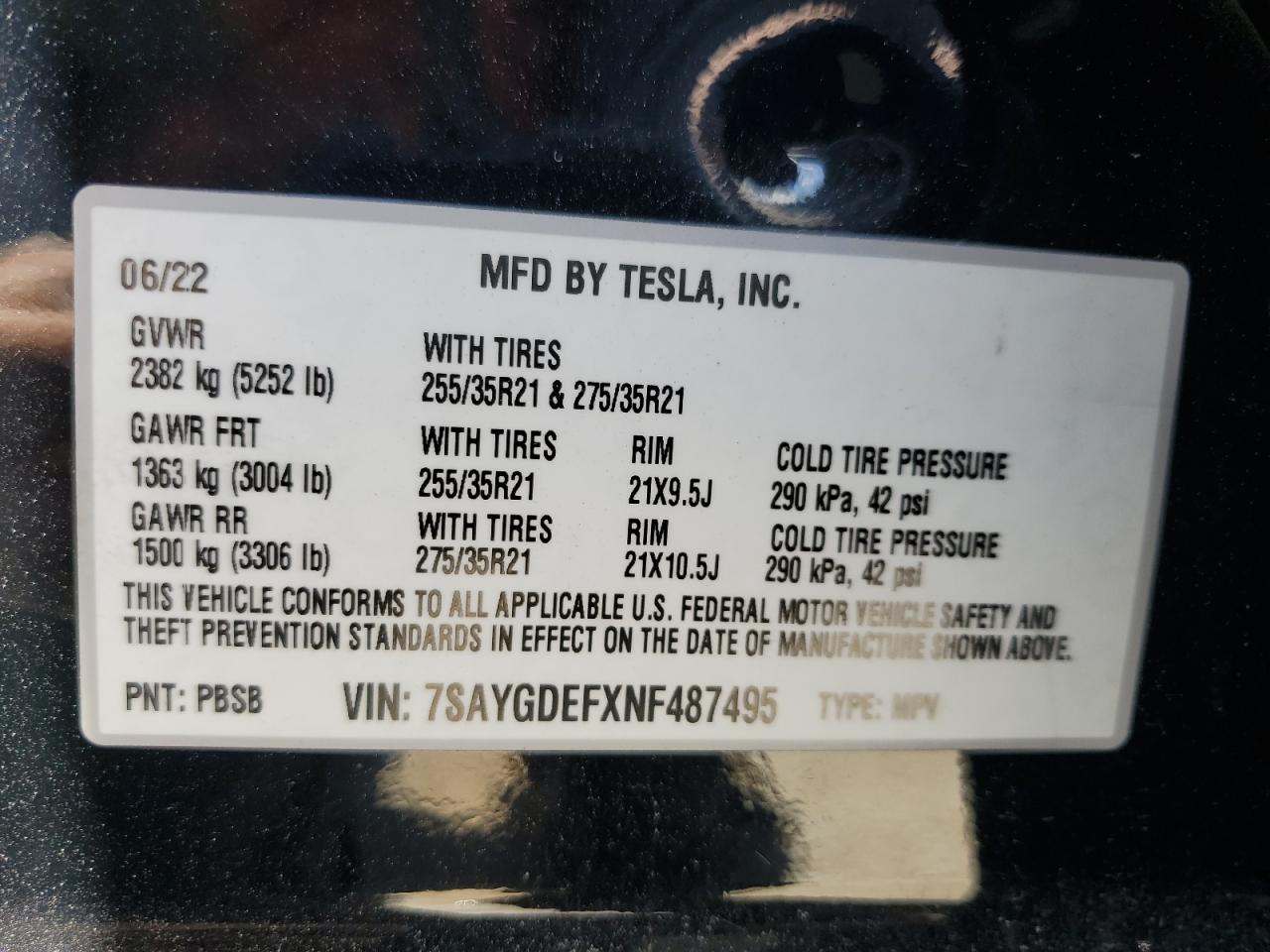 2022 Tesla Model Y VIN: 7SAYGDEFXNF487495 Lot: 54000484