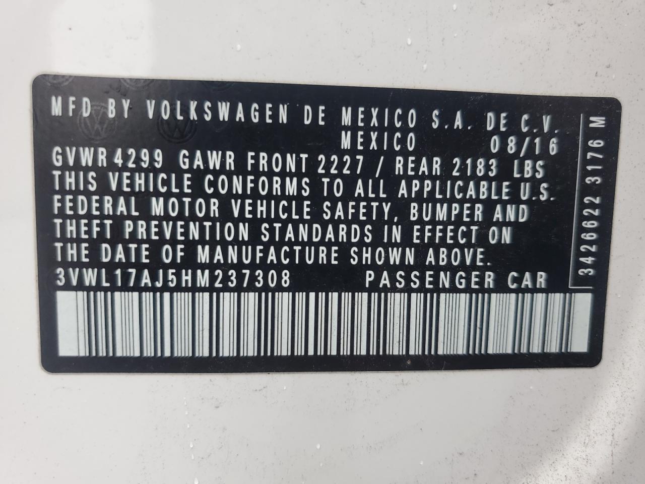 2017 Volkswagen Jetta Sel VIN: 3VWL17AJ5HM237308 Lot: 56532544
