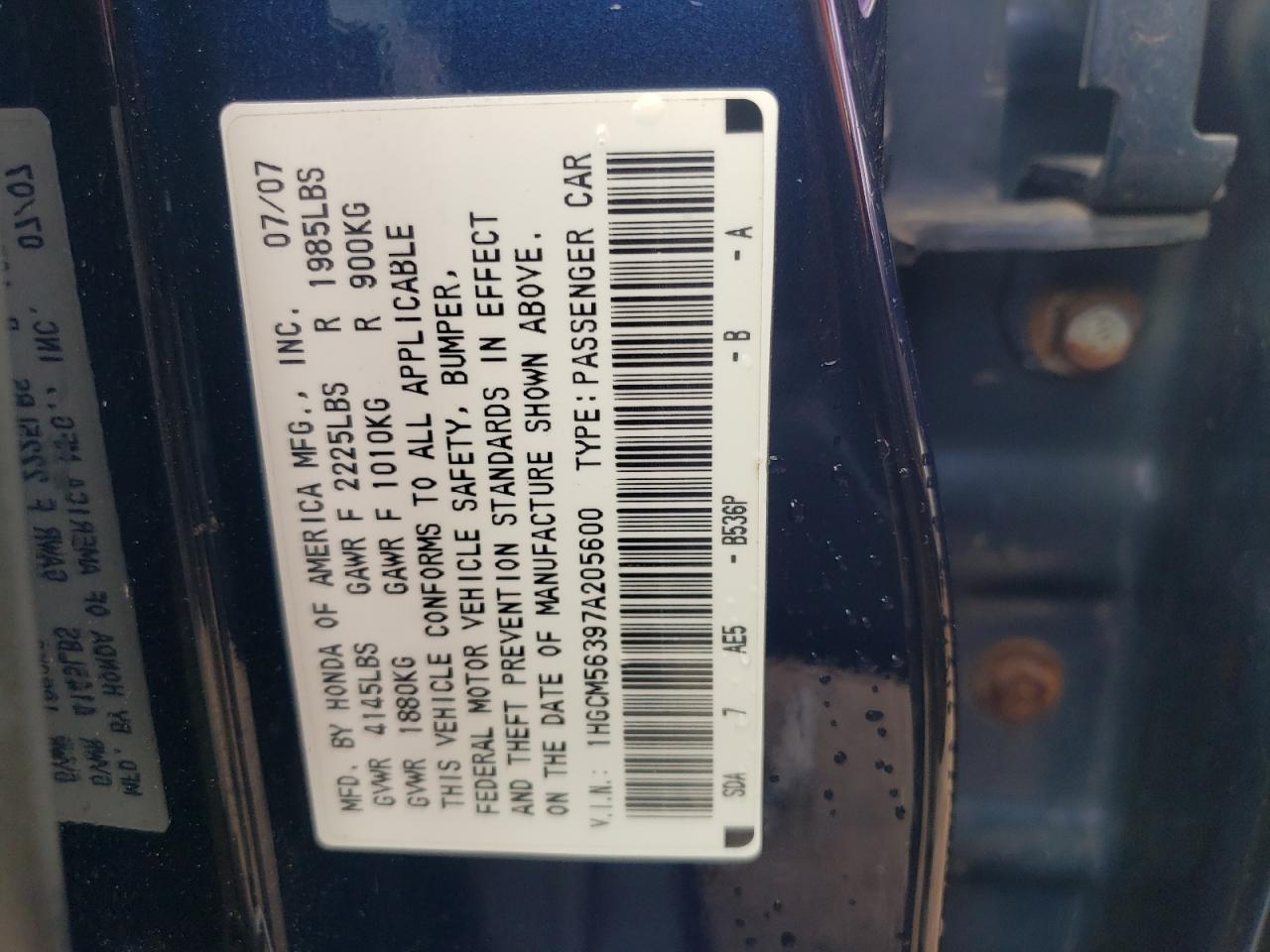 1HGCM56397A205600 2007 Honda Accord Se