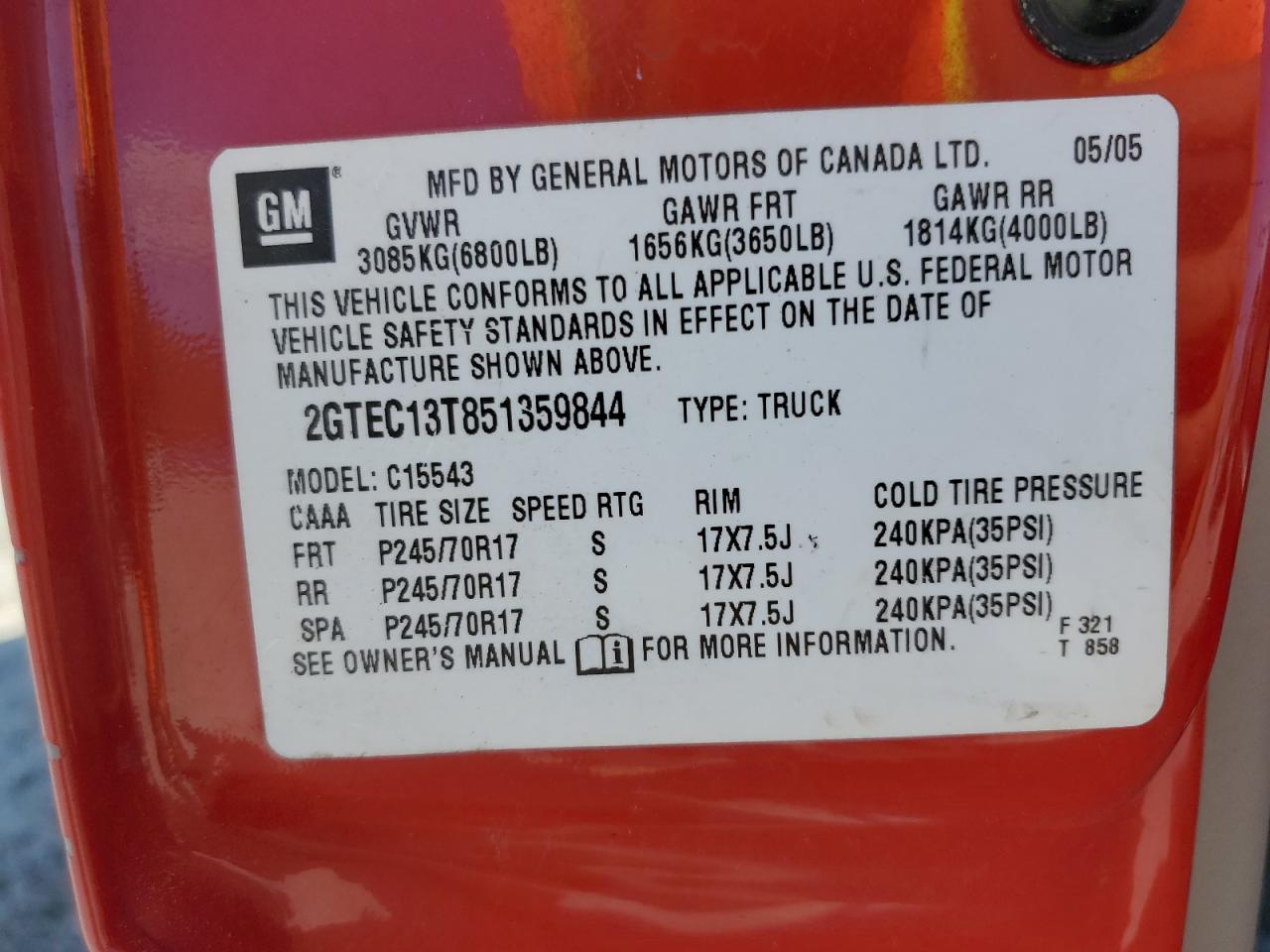 2005 GMC New Sierra C1500 VIN: 2GTEC13T851359844 Lot: 55353314