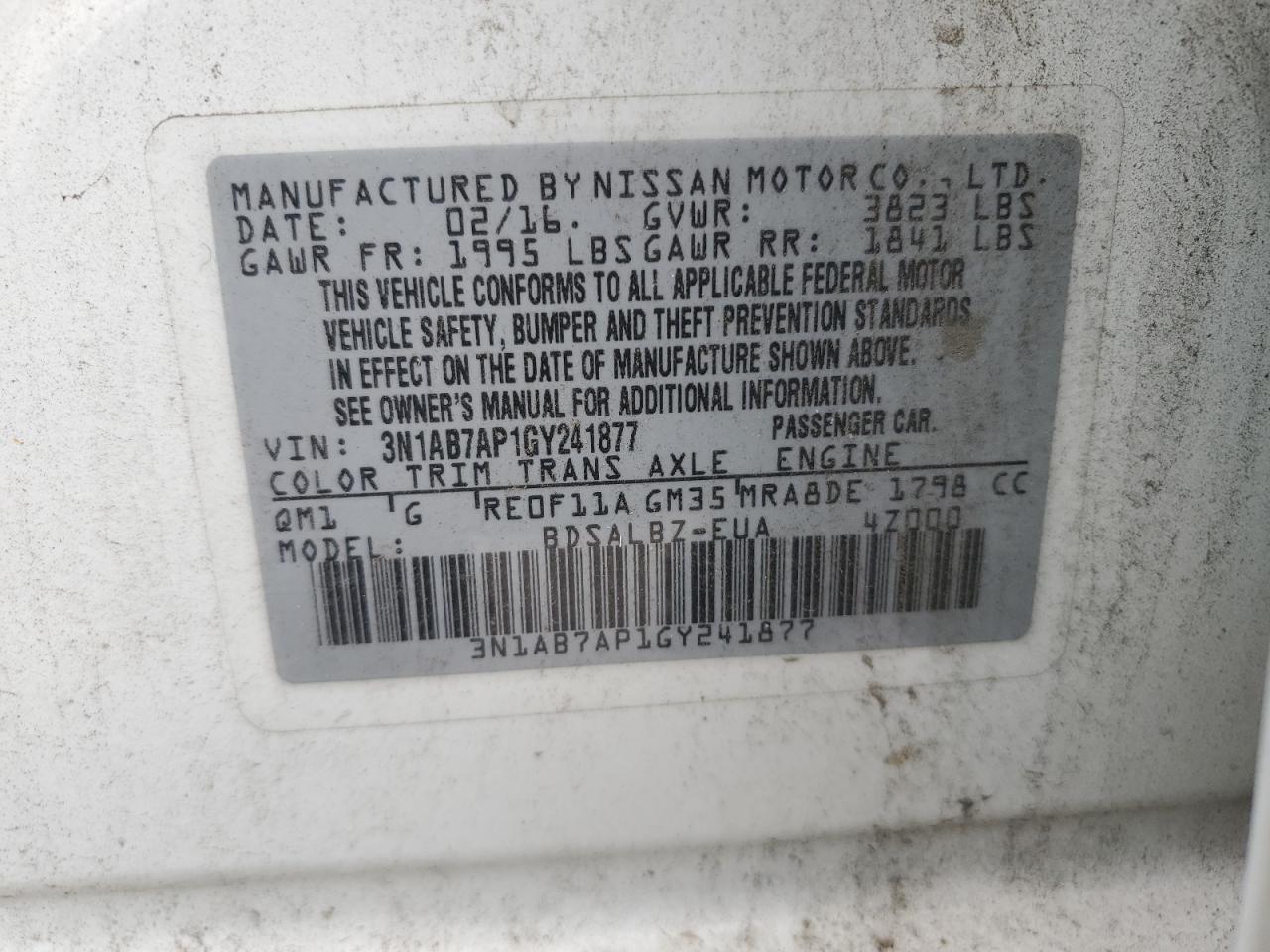 2016 Nissan Sentra S VIN: 3N1AB7AP1GY241877 Lot: 55554074